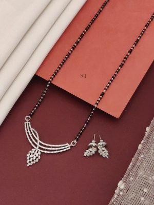 Silver Plated AD Stones Leaf Pendant Mangalsutra with Earrings