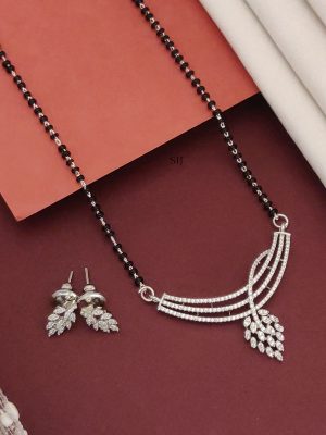 Silver Plated AD Stones Leaf Pendant Mangalsutra with Earrings