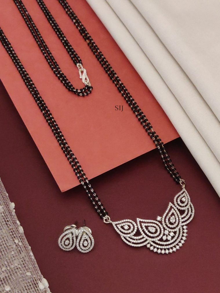 Double Layered Black Beads Mangalsutra Set with AD Stones Pendant