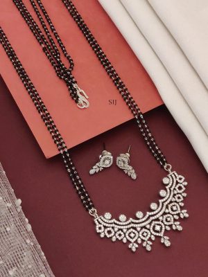 Silver Plated AD Stones Pendant Black Beads Mangalsutra with Earrings