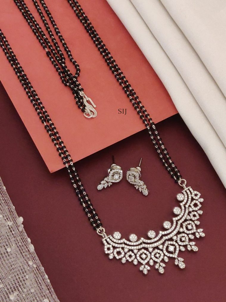 Silver Plated AD Stones Pendant Black Beads Mangalsutra with Earrings