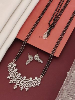 Silver Plated AD Stones Pendant Black Beads Mangalsutra with Earrings