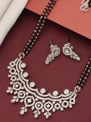 Silver Plated AD Stones Pendant Black Beads Mangalsutra with Earrings