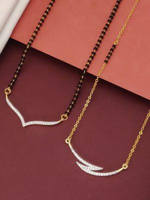 Set Of 2 Single Layer Gold Plated AD Stones Pendant Mangalsutra Combo