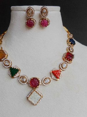 Gold Finish Navaratna Stone Victorian Necklace