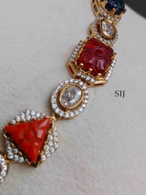 Gold Finish Navaratna Stone Victorian Necklace
