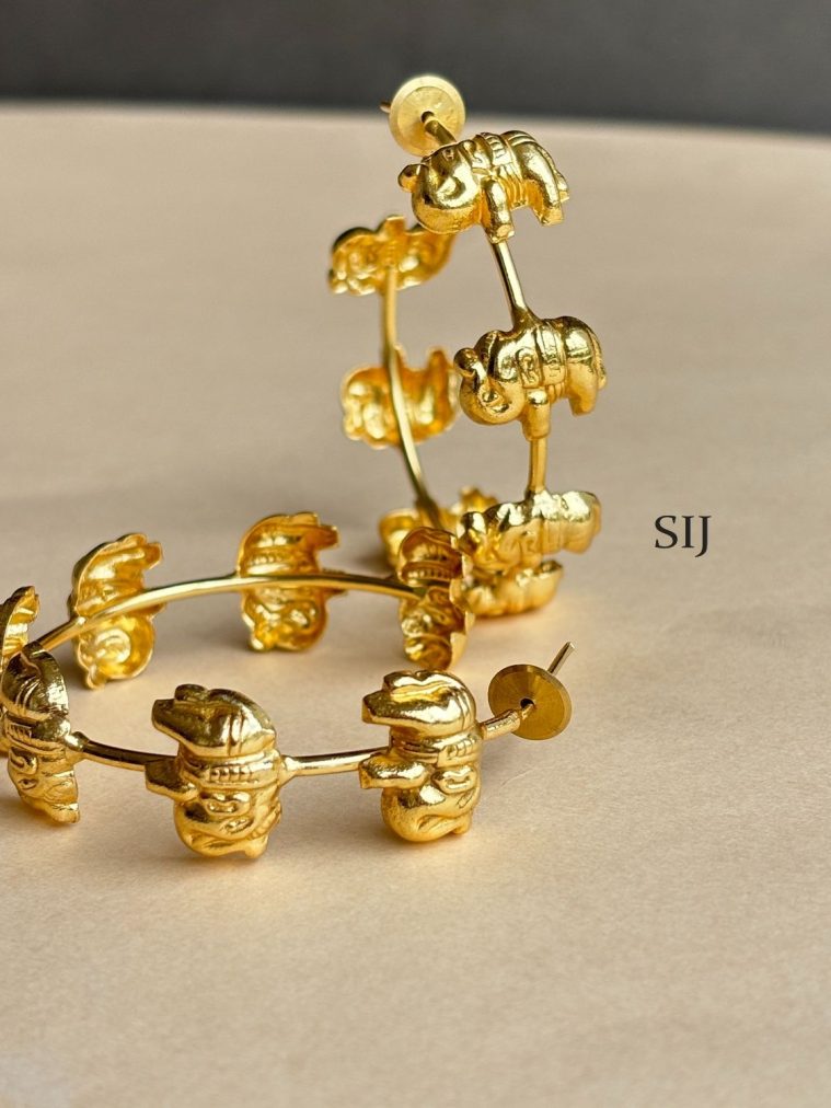 Gold Finish Elephant Design Ring Type Earrings