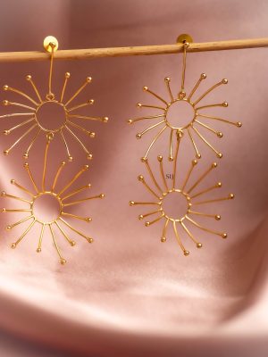 Gold Finish Long Dual Sun Dangle Anti Tarnish Earrings