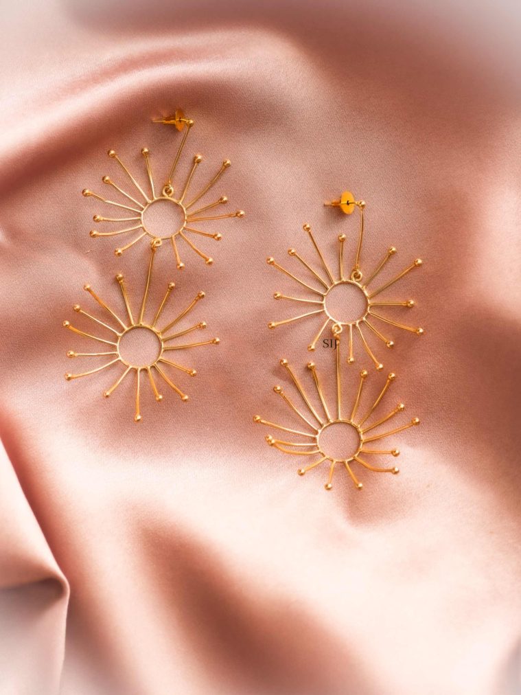 Gold Finish Long Dual Sun Dangle Anti Tarnish Earrings