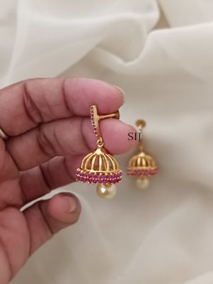 Gold Finish Ruby Screw Back Jhumkas