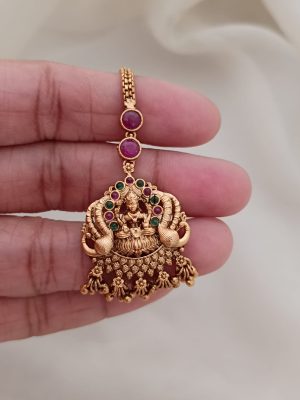 Matt Finish Lakshmi Peacock Kemp Stones Maang Tikka