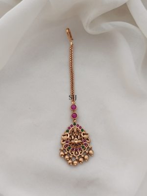 Matt Finish Lakshmi Peacock Kemp Stones Maang Tikka