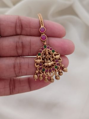 Matt Finish Lakshmi Peacock Kemp Stones Maang Tikka
