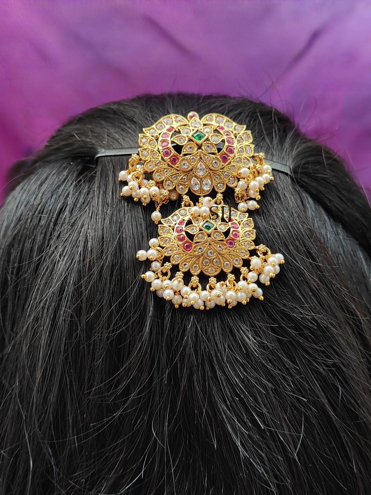 Gold Finish Pearl Kundan Stones Hair Accessories