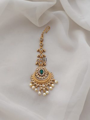 Gold Finish White AD Stones With Pearl Tikka