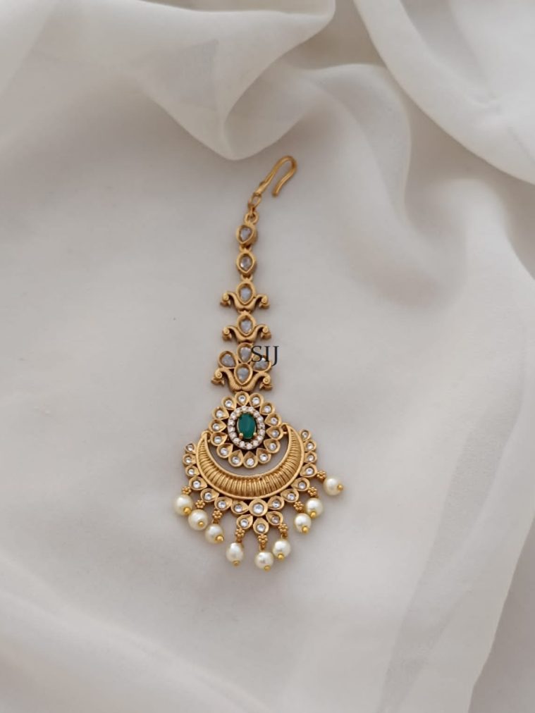 Gold Finish White AD Stones With Pearl Tikka