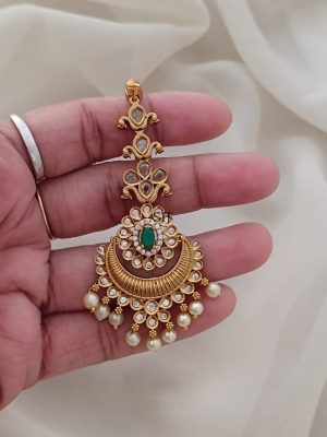 Gold Finish White AD Stones With Pearl Tikka