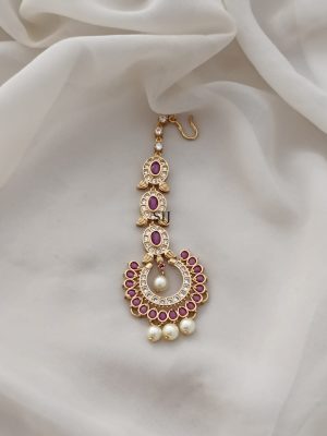 Gold Finish White And Ruby Stones Maang Tikka