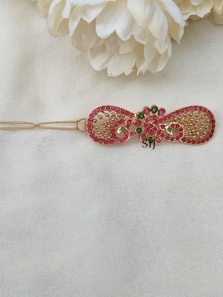 Gold Finish Dual Peacock AD Stones Hair Clip