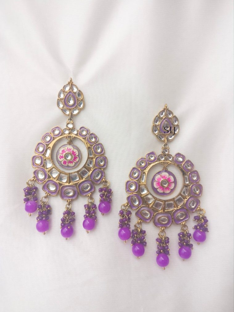 Purple Enamel Coated Earrings with Purple Beads Hangings