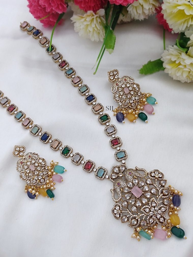 Multi Color Stones Victorian Long Necklace with Dual Elephant Faces Pendant