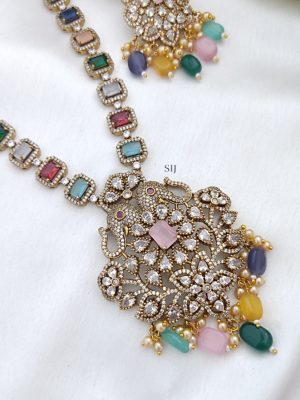 Multi Color Stones Victorian Long Necklace with Dual Elephant Faces Pendant