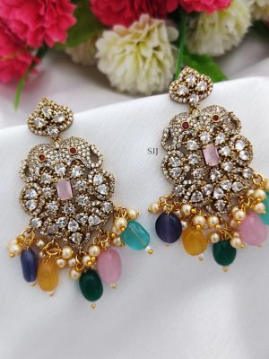 Multi Color Stones Victorian Long Necklace with Dual Elephant Faces Pendant