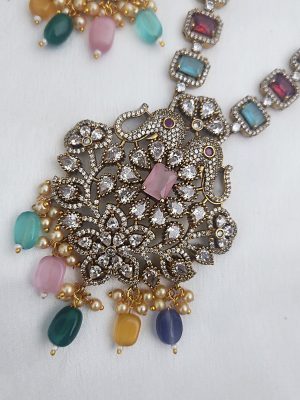 Multi Color Stones Victorian Long Necklace with Dual Elephant Faces Pendant