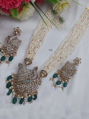 Multi Layers White Beads Haram with Green Beads Hanging Peacock Pendant