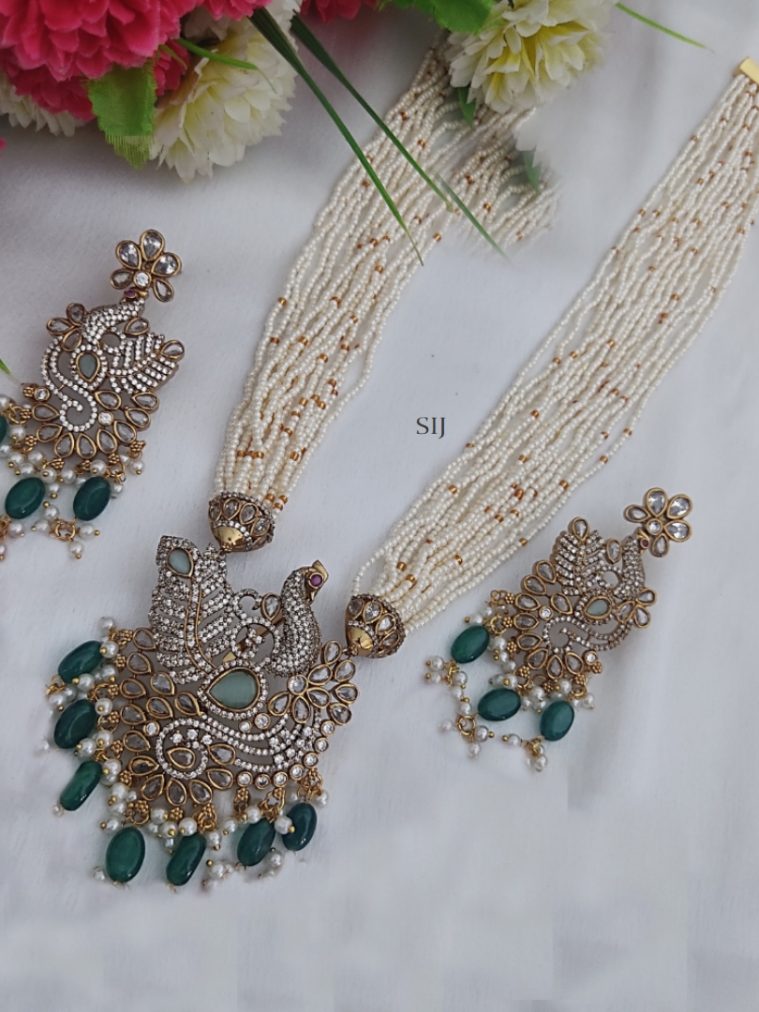 Multi Layers White Beads Haram with Green Beads Hanging Peacock Pendant