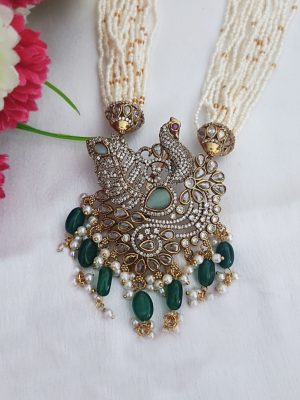 Multi Layers White Beads Haram with Green Beads Hanging Peacock Pendant