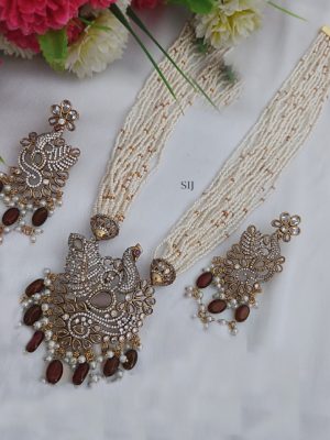 Multi Layers White Beads Haram with Red Beads Hanging Peacock Pendant