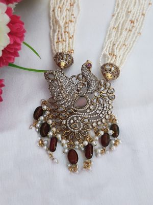 Multi Layers White Beads Haram with Red Beads Hanging Peacock Pendant