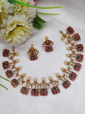 Gold Finish Green and Red Stones Flower Design Necklace