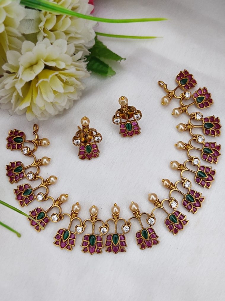 Gold Finish Green and Red Stones Flower Design Necklace