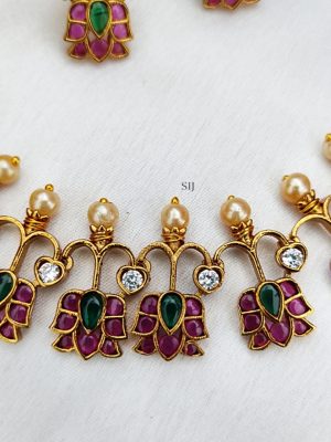 Gold Finish Green and Red Stones Flower Design Necklace