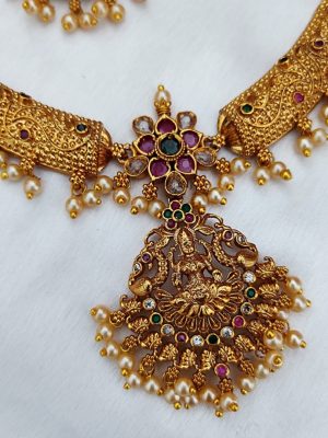 Traditional Lakshmi Devi Pendant Hasli Necklace with Pearl Hanging