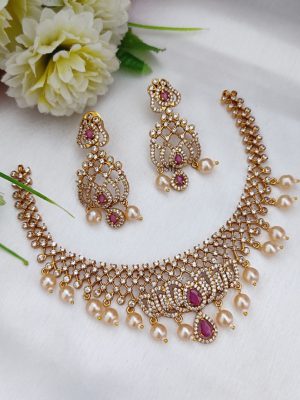 Gold Finish White Stones Flower Design Necklace with Pearl Hanging