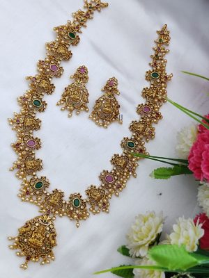 Traditional Lakshmi Devi and Peacock Long Necklace with Pearl Hanging