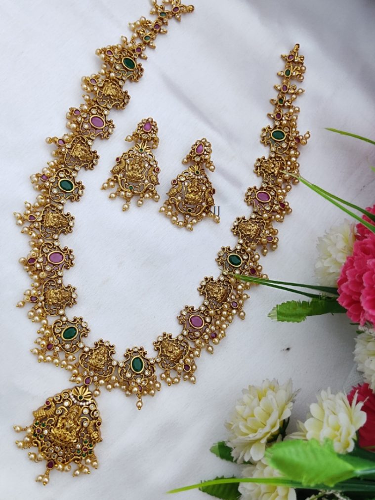 Traditional Lakshmi Devi and Peacock Long Necklace with Pearl Hanging