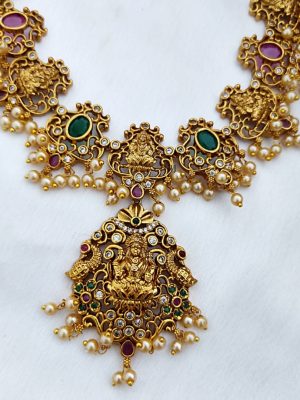 Traditional Lakshmi Devi and Peacock Long Necklace with Pearl Hanging