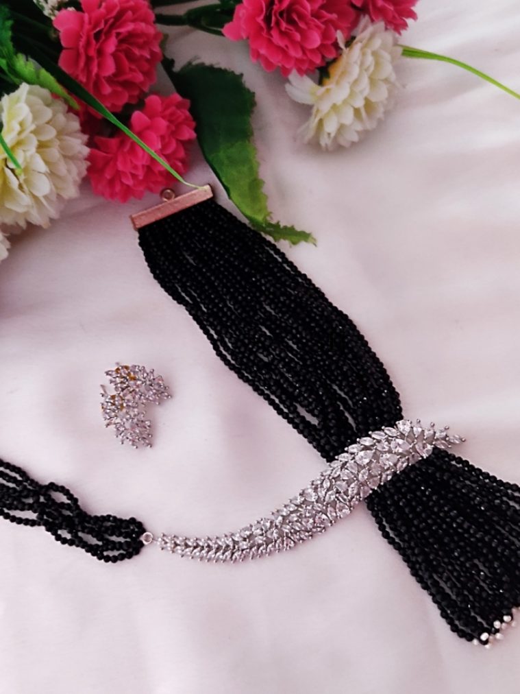 Rhodium Polish White Stones Black Beaded Necklace set