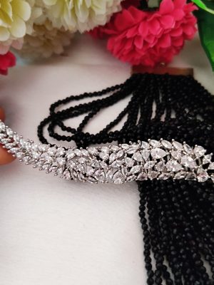 Rhodium Polish White Stones Black Beaded Necklace set