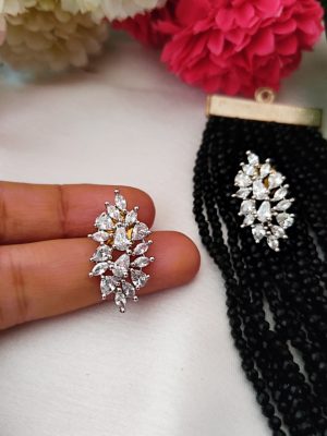 Rhodium Polish White Stones Black Beaded Necklace set