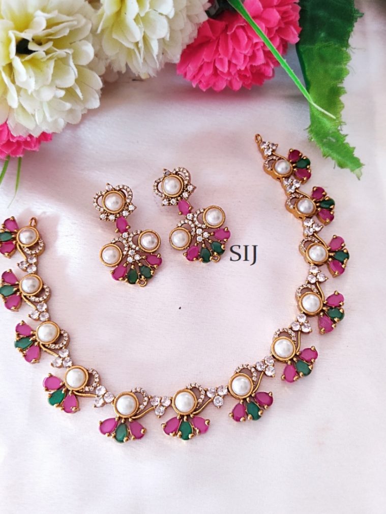 Gold Finish Pearl AD Stones Necklace