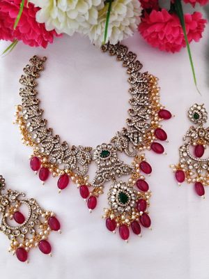 Gold Finish Peacock White Stones Beaded Necklace