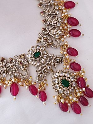 Gold Finish Peacock White Stones Beaded Necklace