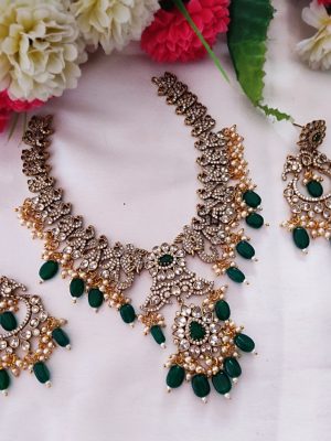 Gold Finish Peacock White And Emerald Stones Beaded Necklace