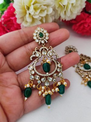 Gold Finish Peacock White And Emerald Stones Beaded Necklace