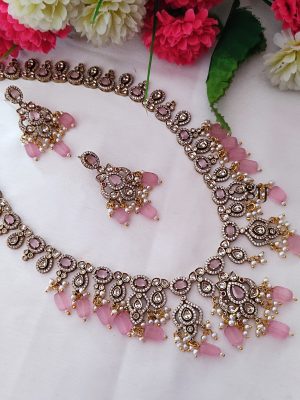 Matt Finish White Stones Pink Beaded Haram
